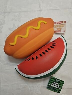 Jumbo Squishy Hot Dog & Watermelon Set. 2 Pcs. NWT Hard to Find🍉🌭